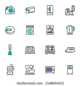 Electronic gadgets line icons set, digital devices outline vector symbol collection, linear style pictogram pack. Signs, logo illustration. Set includes icons as vacuum cleaner, microwave, camera