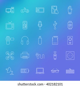 Electronic Gadgets Line Icons Set over Blurred Background. Vector Set of Modern Thin Outline Technology and Devices Items.