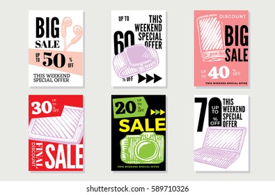 Electronic gadgets promotional posters with portable modern technologic devices in sketch style vector illustration