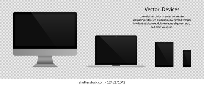 Electronic gadgets. Realistic Computer monitor, Laptop, Tablet and Phone with black screen on transparent background. Eps10