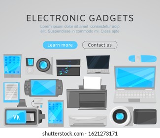 Electronic gadgets sale web vector template with modern devices. Computers, printer, VR device and tablet, notebook cartoon illustration. Landing for electronic gadgets or website.