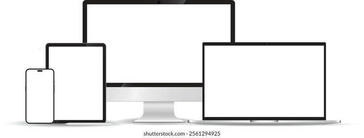 Electronic gadgets. Set of realistic computer monitors, laptops, tablets and mobile phones on white background. Design smart digital device set. Vector illustration