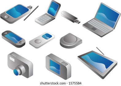 Electronic gadgets, vector clipart isometric style: pda phone, clamshell cellphone, usb pendrive, notebook, portable game player, mp3 player, cd player, digital camera, tablet pc