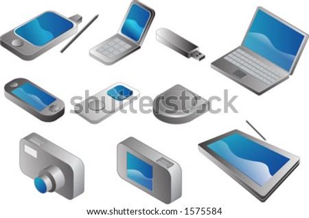 Electronic gadgets, vector clipart isometric style: pda phone, clamshell cellphone, usb pendrive, notebook, portable game player, mp3 player, cd player, digital camera, tablet pc