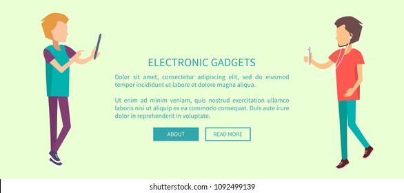 Electronic gadgets web banner with two teenagers using computer gadgets vector illustration isolated on white. Boy listens to music and play on tablet