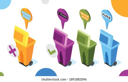 Electronic garbage isometric background with colourful waste bins with opened lids and thought bubbles with text vector illustration