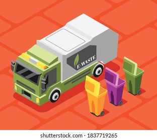 Electronic garbage isometric background composition with images of e-waste labeled truck and colourful waste bins vector illustration