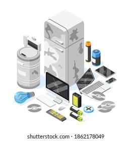 Electronic Garbage Isometric Background With Images Of Used Consumer Electronics Computers And Gadgets With Dead Batteries Vector Illustration