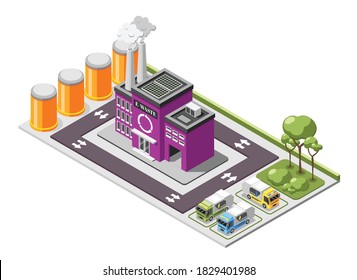 Electronic garbage isometric composition with e-waste recycling plant area with rubbish trucks on parking lot vector illustration