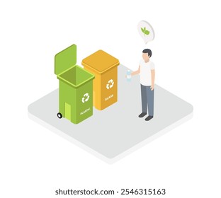 Composición isométrica de basura Electrónica con carácter humano que coloca varios tipos de desechos en contenedores de basura separados Ilustración vectorial