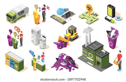 Electronic garbage isometric icons collection with isolated icons of dead batteries waste bins and disposal fields vector illustration