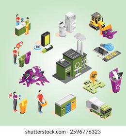 Electronic garbage isometric icons collection with isolated icons of dead batteries waste bins and disposal fields vector illustration