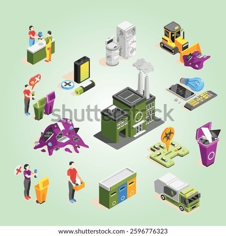 Electronic garbage isometric icons collection with isolated icons of dead batteries waste bins and disposal fields vector illustration