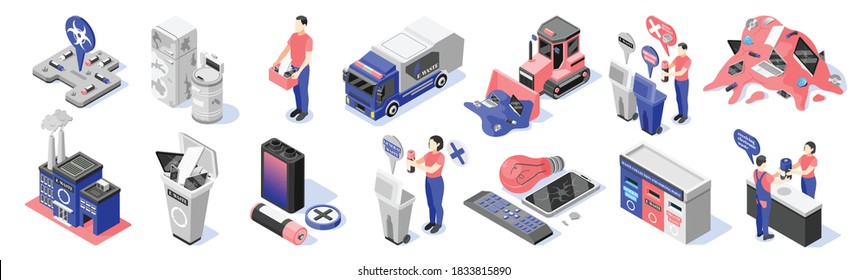 Electronic garbage isometric set of recolor icons and isolated rubbish images with dead gadgets and people vector illustration
