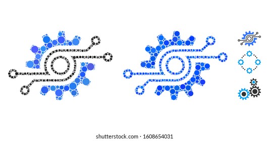 Electronic gear mosaic of filled circles in various sizes and color tints, based on electronic gear icon. Vector filled circles are organized into blue illustration.