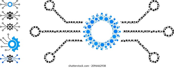 Icono de mosaico de engranajes electrónicos. El mosaico vectorial está hecho con elementos de infección dispersos. Icono de engranaje electrónico de mosaico de virus e iconos de bonificación. Mosaico electrónico de engranajes para imágenes epidémicas.