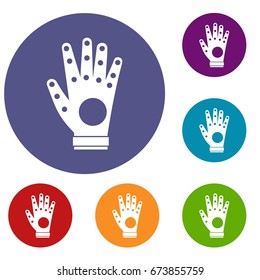 Electronic glove icons set in flat circle reb, blue and green color for web
