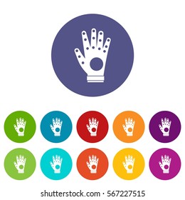 Electronic glove set icons in different colors isolated on white background