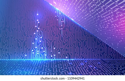 Electronic glowing contacts on different planes. Abstract geometric multicolored background. Used a clipping mask and neon colors.