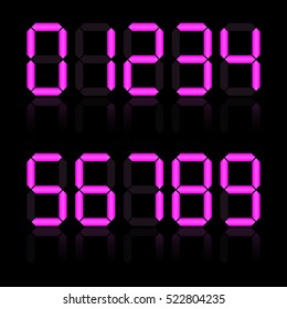 Electronic glowing figures. Purple dial isolated on a black background. Numbers - 0, 1, 2, 3, 4, 5, 6, 7, 8, 9. LCD numbers set for a digital watch and other electronic devices. Vector illustration