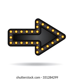 Electronic glowing neon arrow with lamps. Bar, party or holiday pointer. Vector