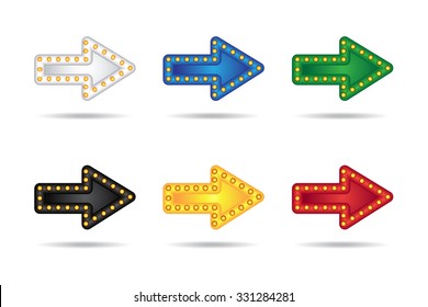 Electronic glowing neon arrows set with lamps. Bar, party or holiday pointer. Vector