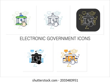 Electronic government icons set. Digitalization. Solving public affairs online.Digital transformation concept.Collection of icons in linear, filled, color styles.Isolated vector illustrations