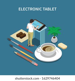 Electronic graphic design tablet for design and drawing with pen brushes and coffee cup isometric vector illustration