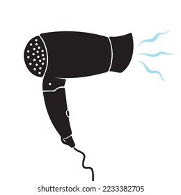 Electronic hair dryer object vector icon silhouette. Tools at salon or home to dry hair with black color. Simple flat pictogram drawing isolated on plain white background.