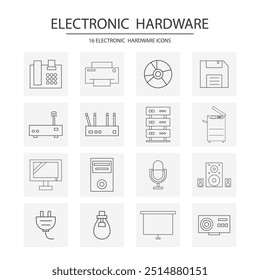 16 iconos tales como fax, CD, WiFi, servidor, computadora, CPU, fotocopiadora, etc. Todos los iconos de hardware electrónicos, iconos de hardware de colección, iconos de hardware electrónicos.