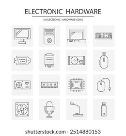 ícones de hardware eletrônico, ícones de hardware de coleção, definir hardware eletrônico 16 ícones, como computador, CPU, laptop, mouse, usb etc.