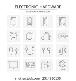 electronic hardware icons, collection hardware icons, set electronic hardware 16 icons such as mobile phone, memory card, usb, earphones, projector, camera, webcam etc.