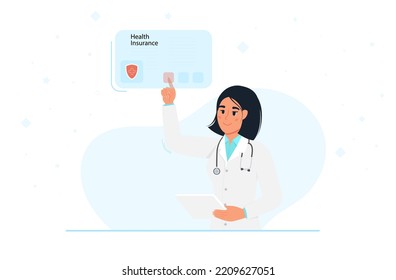 Electronic Health Insurance Card Concept. Vector Illustration With Woman Doctor Pointing To A Digital Form Of Insurance.