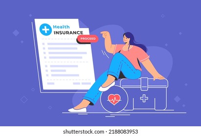 Electronic Health Insurance Card And Medical Aid Guaranteed. Flat Vector Illustration Of Smiling Woman Sitting On A Case Of First Aid Kit And Pointing To A Digital Form To Order Health Insurance