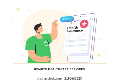 Electronic Health Insurance Card And Medical Aid Guaranteed. Flat Vector Illustration Of Smiling Man Standing Near A Big Smartphone And Pointing To A Digital Form To Order A Personal Health