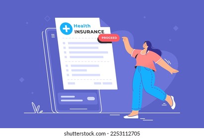 Electronic health insurance card and medical aid guaranteed. Flat vector illustration of woman standing near a big smartphone and pointing to red button to proceed a personal health insurance