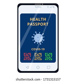 
Electronic health passport in the application on the screen of a mobile phone. An immune passport is required for travel after the Covid19 pandemic. Vector illustration in flat style.