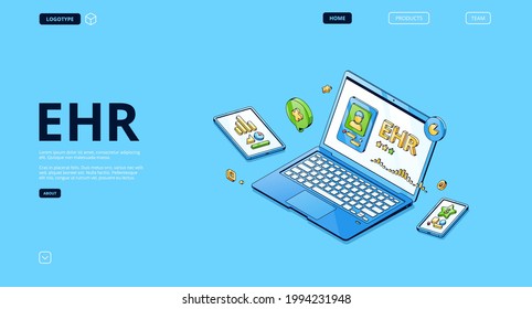 Electronic Health Record Banner. Patient Medical Report In Digital File, Online Healthcare Data. Vector Landing Page With Isometric Illustration Of Laptop And Smartphone With Patient Profile On Screen