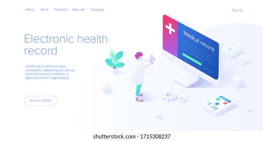 Electronic Health Record Concept In Isometric Vector Design. Male Doctor Or Physician With EHR Database In Smartphone. Healthcare Or Medical Patient Data Storage System. Web Banner Layout Template.