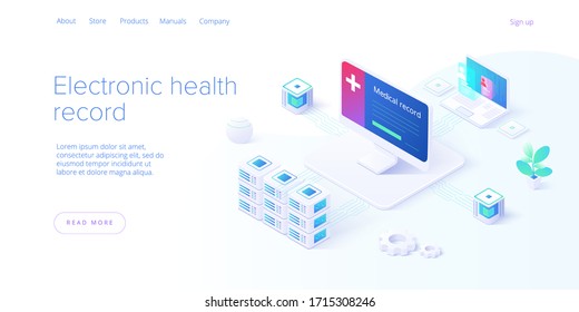 Electronic Health Record Concept In Isometric Vector Design. Male Doctor Or Physician With EHR Database In Smartphone. Healthcare Or Medical Patient Data Storage System. Web Banner Layout Template.