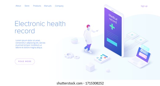 Electronic Health Record Concept In Isometric Vector Design. Male Doctor Or Physician With EHR Database In Smartphone. Healthcare Or Medical Patient Data Storage System. Web Banner Layout Template.