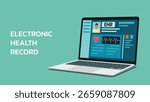 Electronic health record displayed on laptop screen in angle position,  flat vector illustration	
