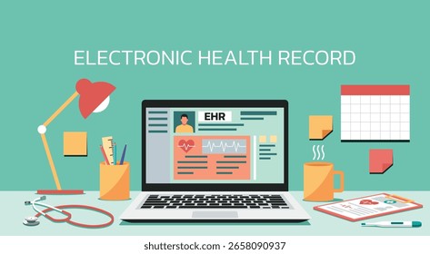 Electronic health record displayed on laptop screen with medical and office equipment in a clinical workspace environment, flat vector illustration