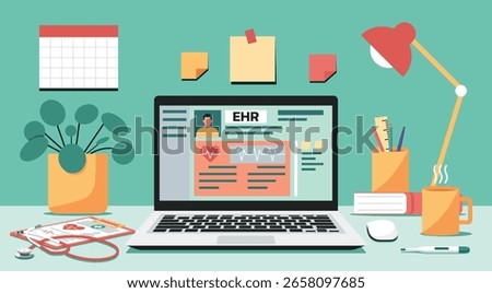 Electronic health record displayed on laptop screen with medical equipment in a clinical workspace environment, flat vector illustration