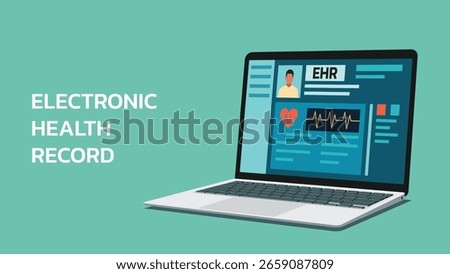 Electronic health record displayed on laptop screen in angle position,  flat vector illustration	
