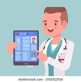 Electronic health record, EHR digital patient tablet chart, male doctor. Young man holding device with clinical data, medical and treatment history application. Vector flat style cartoon illustration
