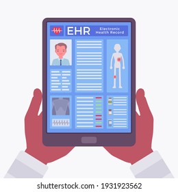 Electronic health record, EHR digital patient chart, tablet in hands. Screen with medical history, diagnoses, treatment plans, images, laboratory test results. Vector flat style cartoon illustration