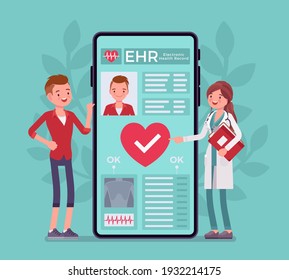 Electronic health record, EHR digital patient chart on smartphone. Female doctor reading medical, treatment history, clinical data of young man, healthcare app. Vector flat style cartoon illustration