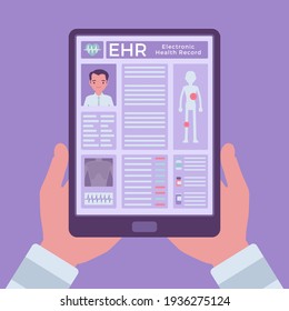 Electronic Health Record, EHR Digital Patient Chart, Tablet In Hands. Screen With Medical History, Diagnoses, Treatment Plans, Images, Laboratory Test Results. Vector Creative Stylized Illustration