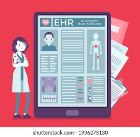 Electronic Health Record, EHR Digital Patient Tablet Chart, Female Doctor. New Technology To Replace Paper Clinical Data, Medical Treatment History Application. Vector Creative Stylized Illustration